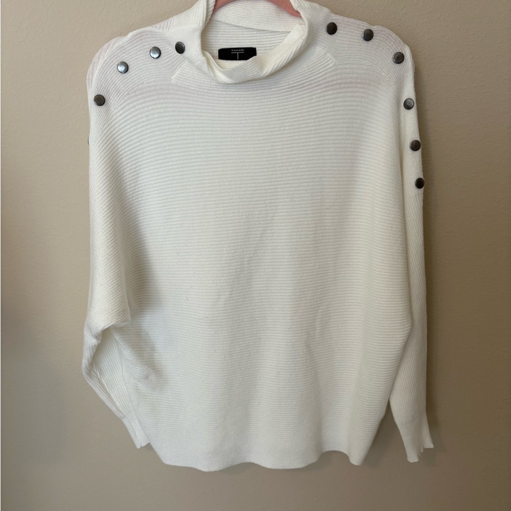 T Tahari White Ribbed Knit Sweater with button accents